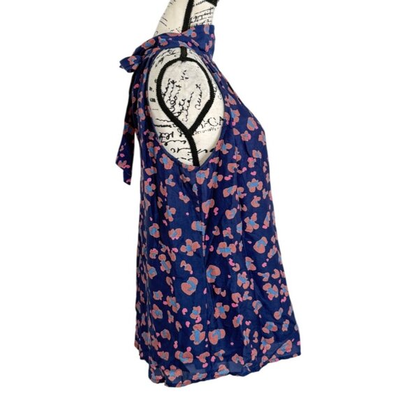 Oliphant Womens Sleeveless Floral Halter Top With Bow Tie Neck Navy Blue Size M - Picture 2 of 8